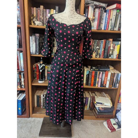Vintage 50s Handmade Women's Small 100% Silk Black Pink Party Midi Dress Evening - Picture 1 of 14